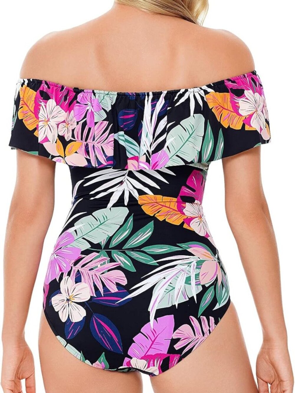 Swim Solutions Womens Deco Printed Off The Shoulder Ruffle Tummy Control One PC - Picture 2 of 2